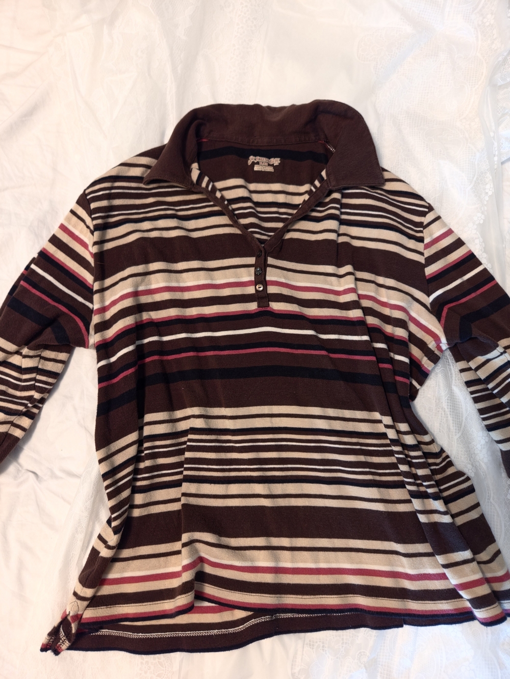 Women's Brown Striped Long-Sleeve Polo Sweater